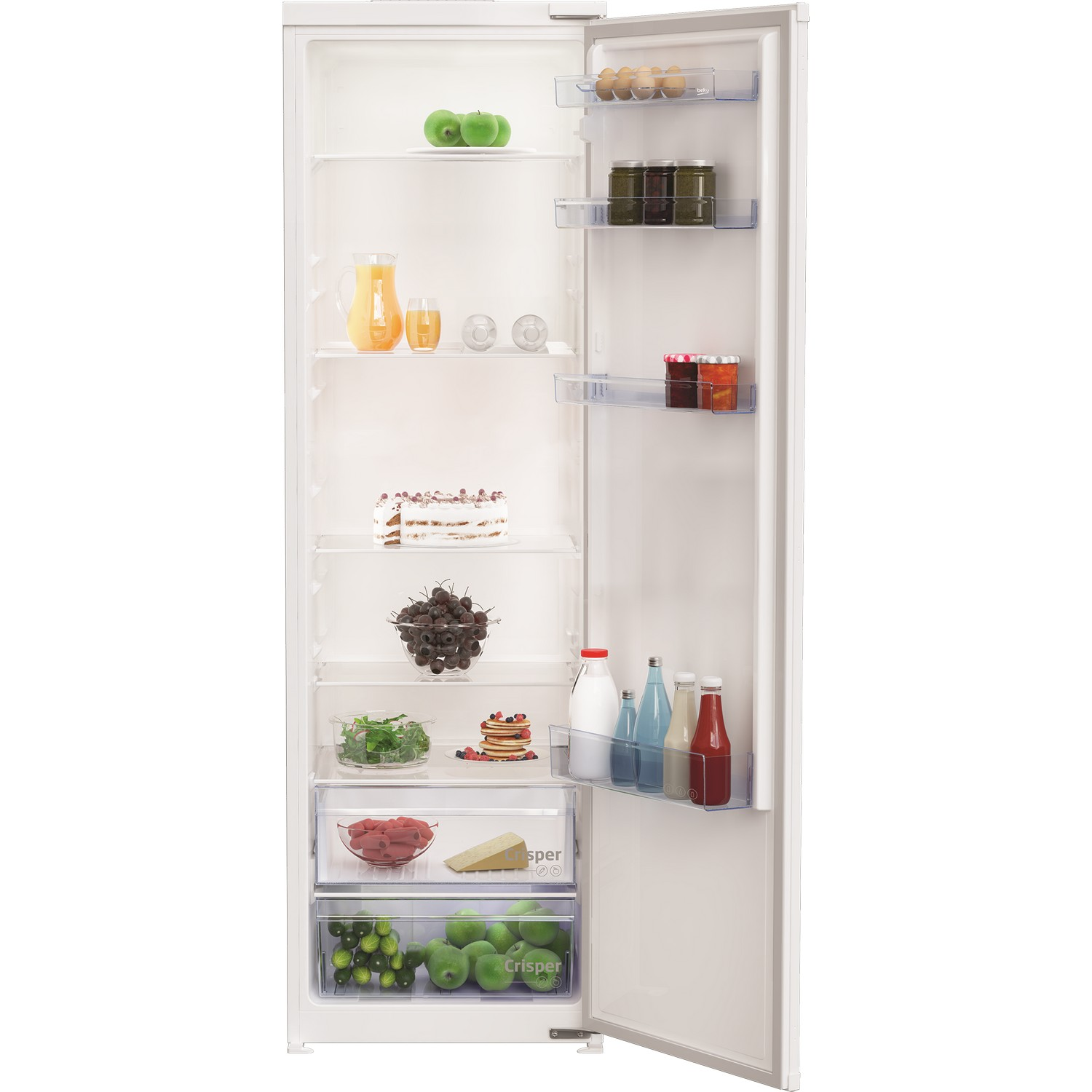 Réfrigérateur blanc ouvert. À l'intérieur, des fruits, des boissons, un gâteau et d'autres aliments.