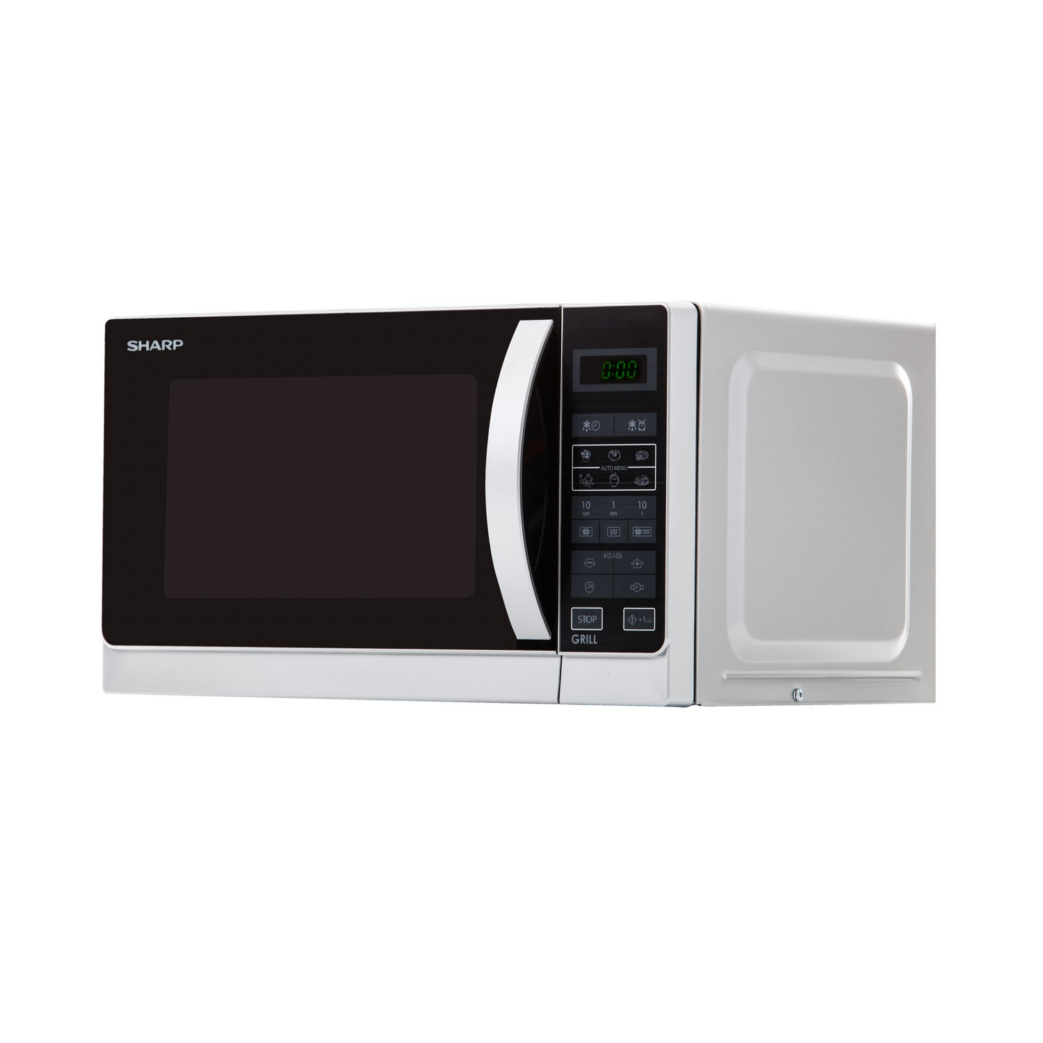 Een witte en zwarte magnetron met een digitaal display.