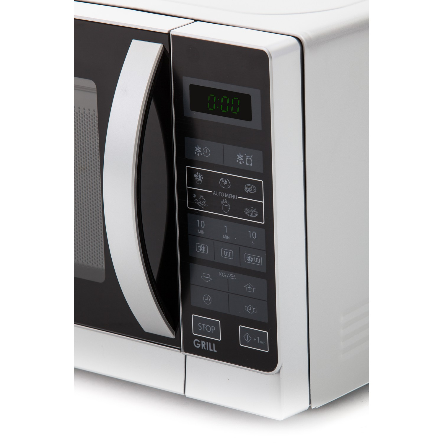 Bedieningspaneel van een witte magnetron met een display en knoppen, close-up.