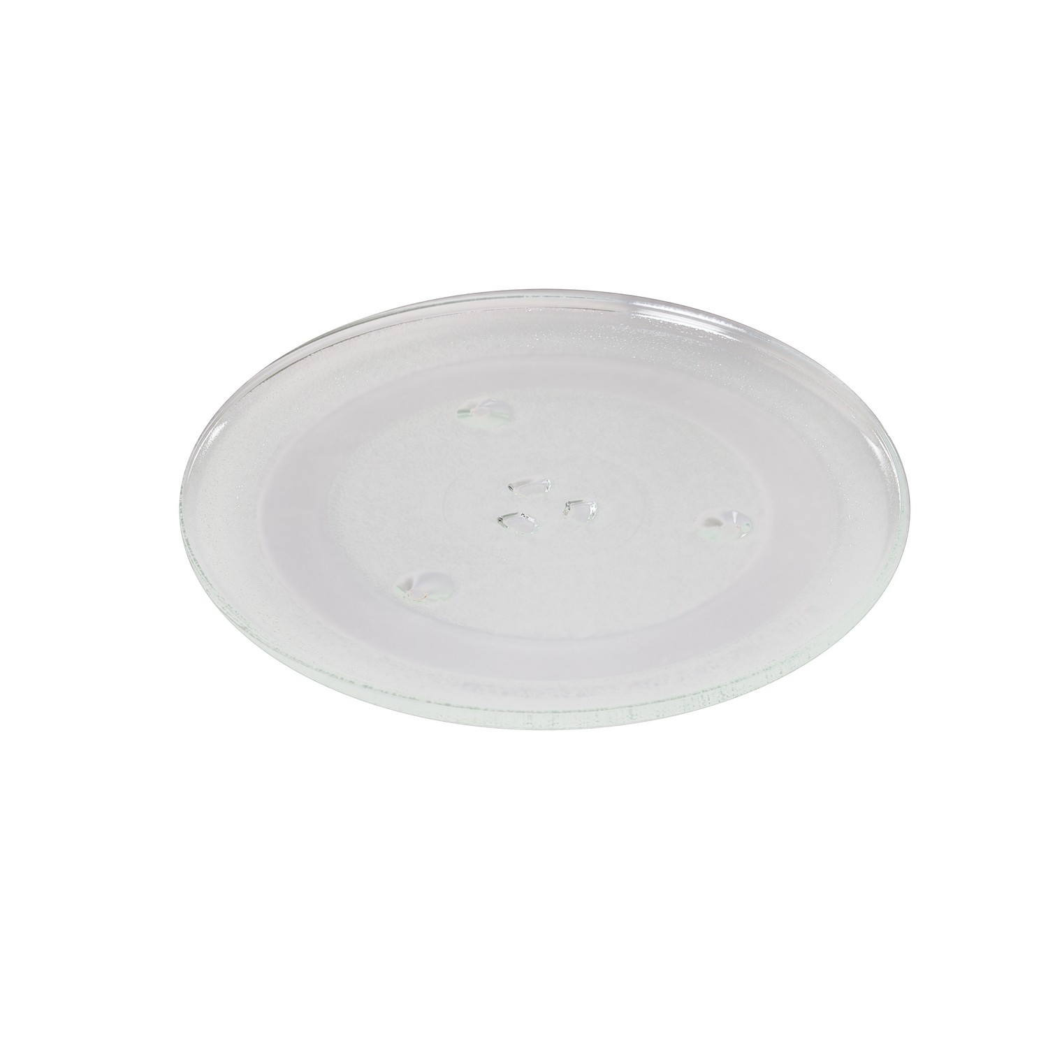Een transparante magnetronplaat met drie kleine uitsteeksels op een witte achtergrond.
