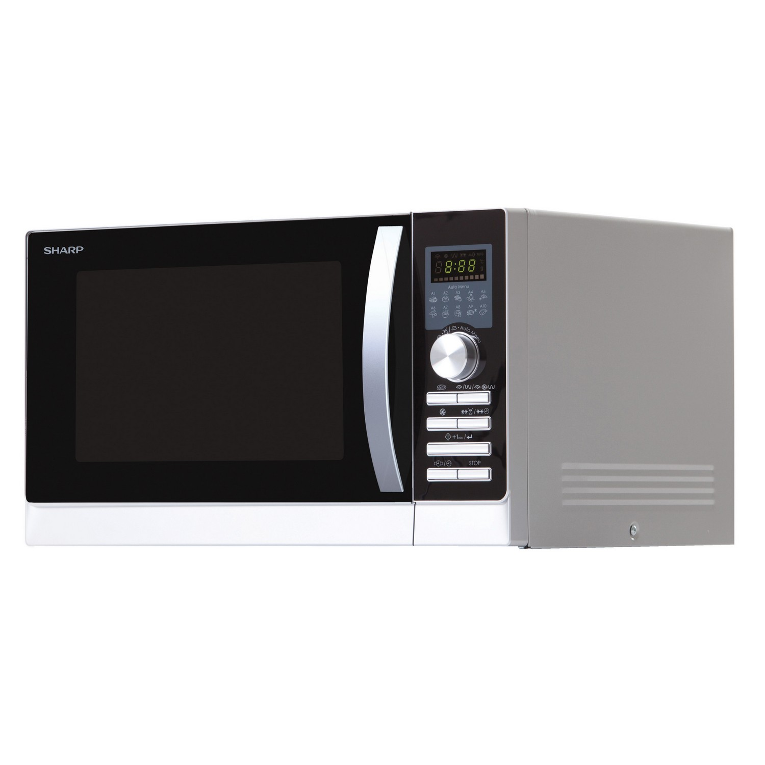 Silver and gray Sharp microwave oven with black glass door, digital display, and control panel.
