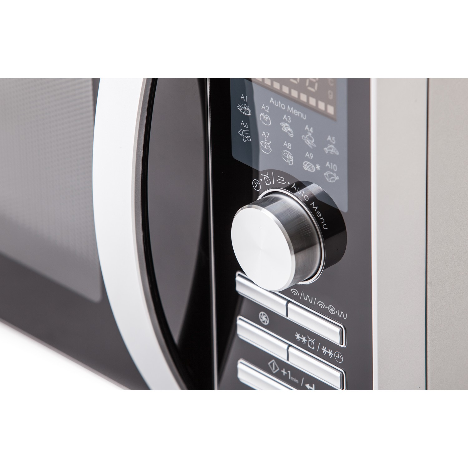 Close-up of a microwave control panel with a dial and buttons.