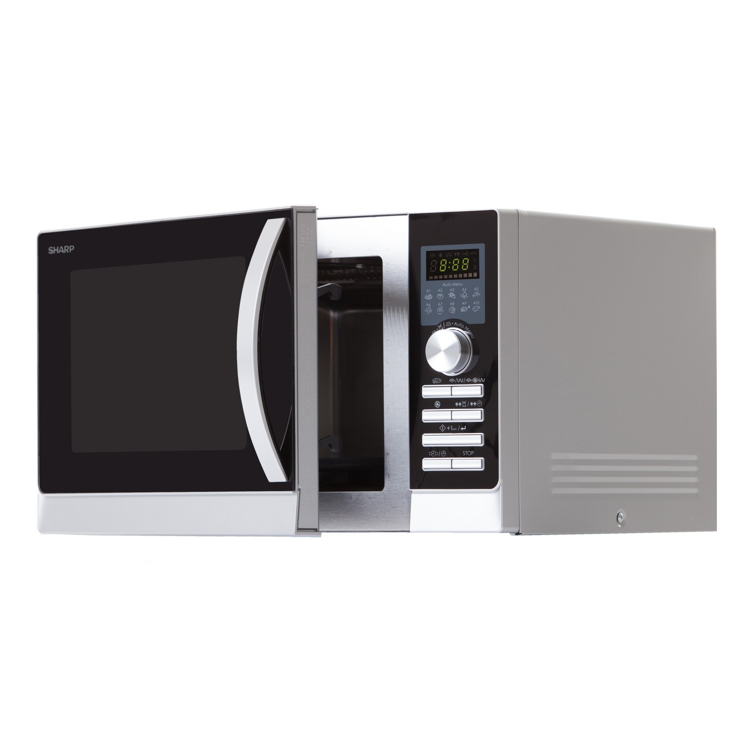 Microwave oven with the door open, showing the interior and control panel.