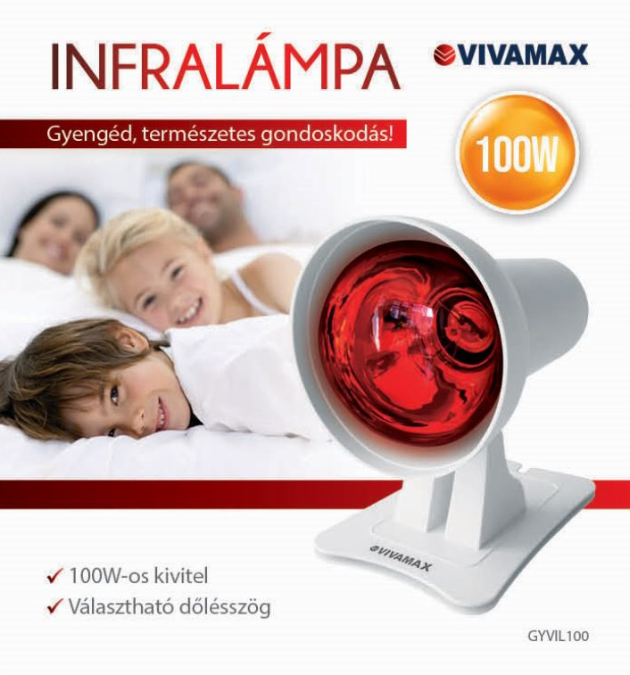 Infravörös lámpa piros izzóval. A háttérben egy család.