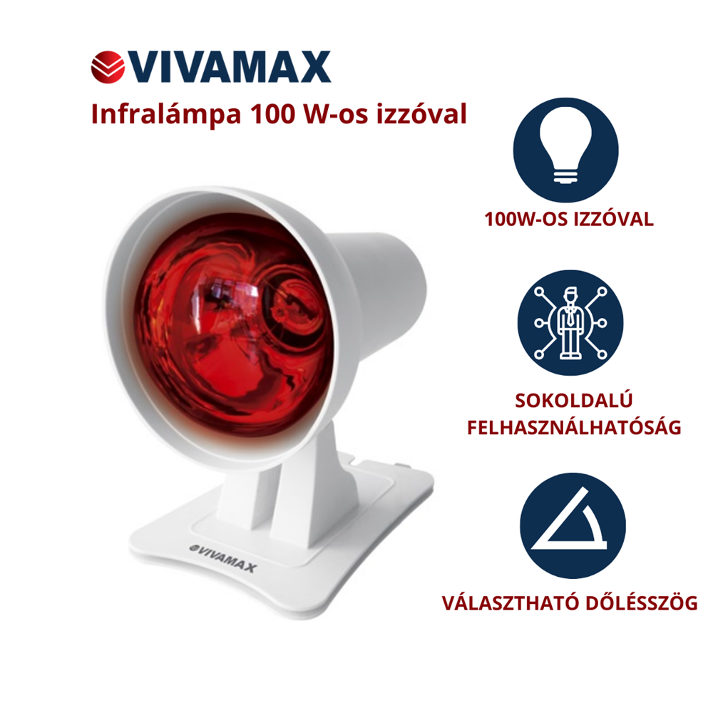 Infravörös lámpa piros izzóval, fehér állvánnyal és funkciókat jelző ikonokkal.