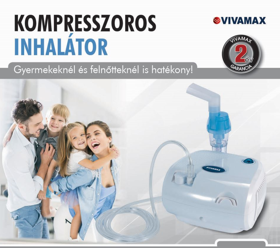 Család képe inhalátort használva, termék adatokkal és a VIVAMAX márkával.