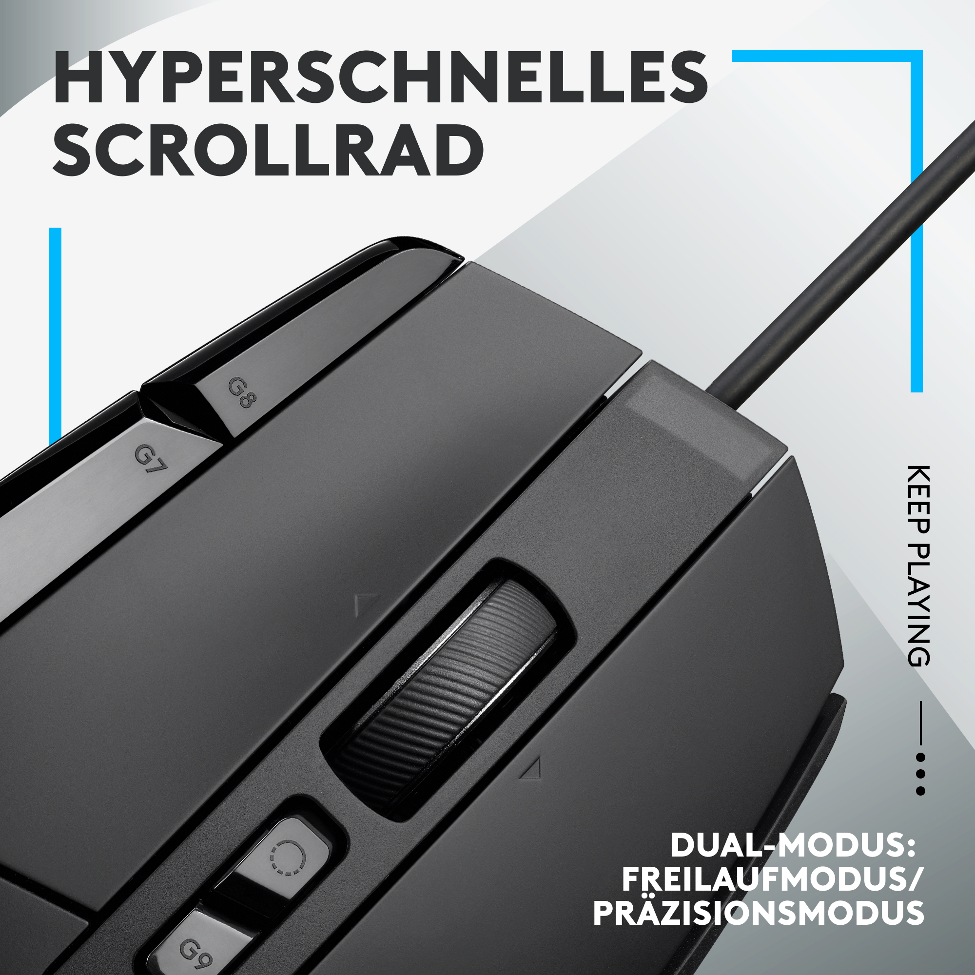 Nahaufnahme einer schwarzen Maus mit Scrollrad, G8- und G9-Tasten sichtbar.