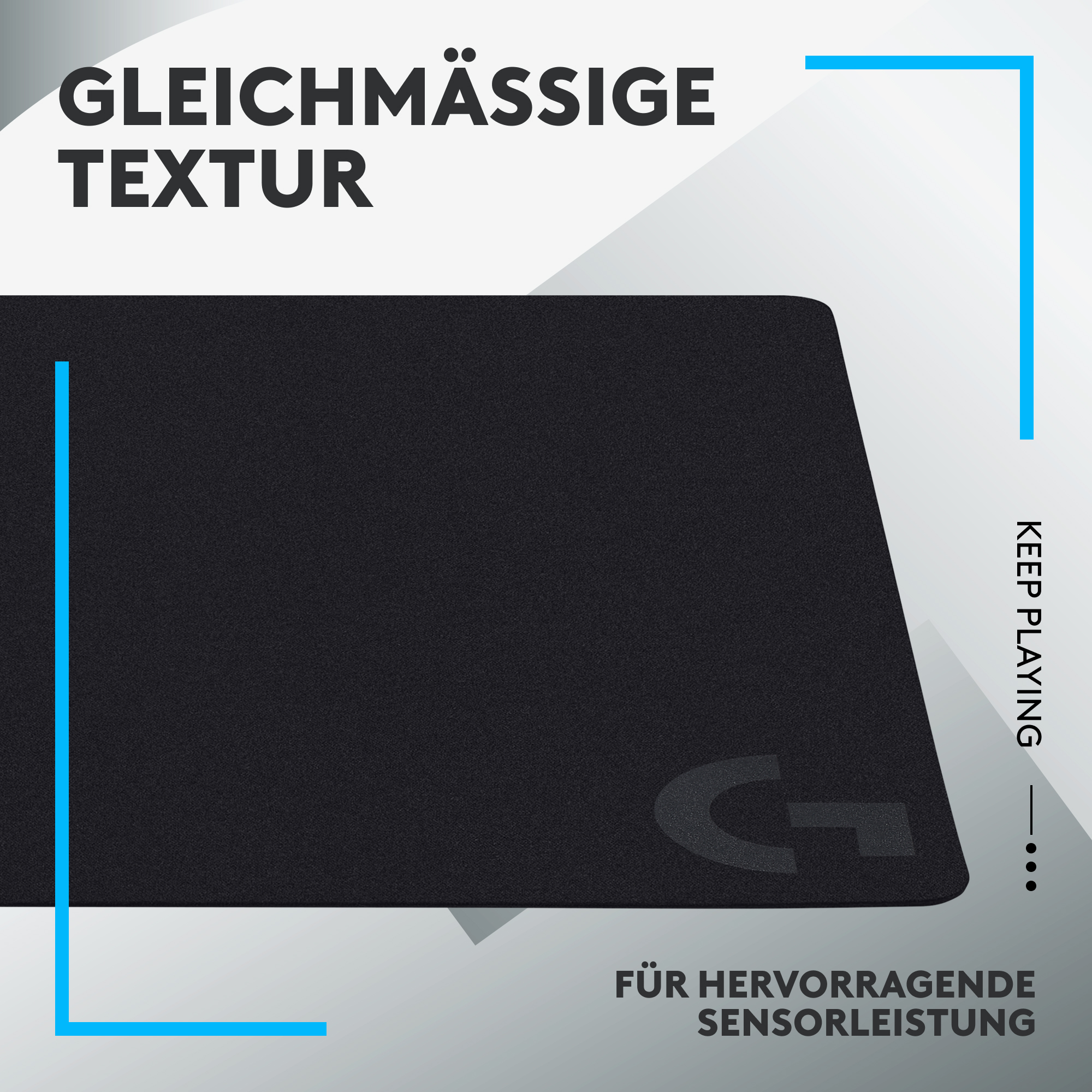 Nahaufnahme eines schwarzen Mauspads mit blauem Rahmen und den Worten 'Keep Playing' und 'Gleichmäßige Textur'.