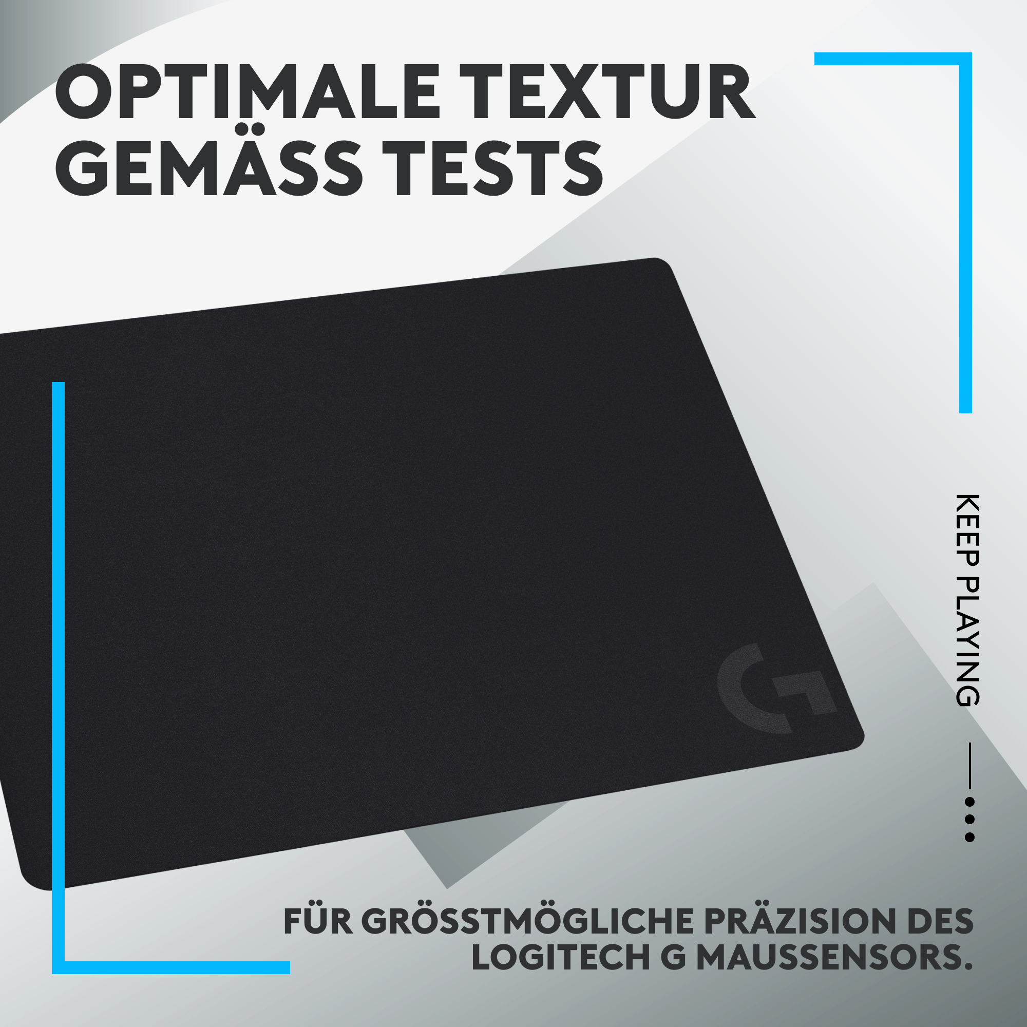 Schwarzes Logitech G-Mauspad. Das Logo befindet sich in der unteren rechten Ecke. Blaue Linien umranden das Bild.