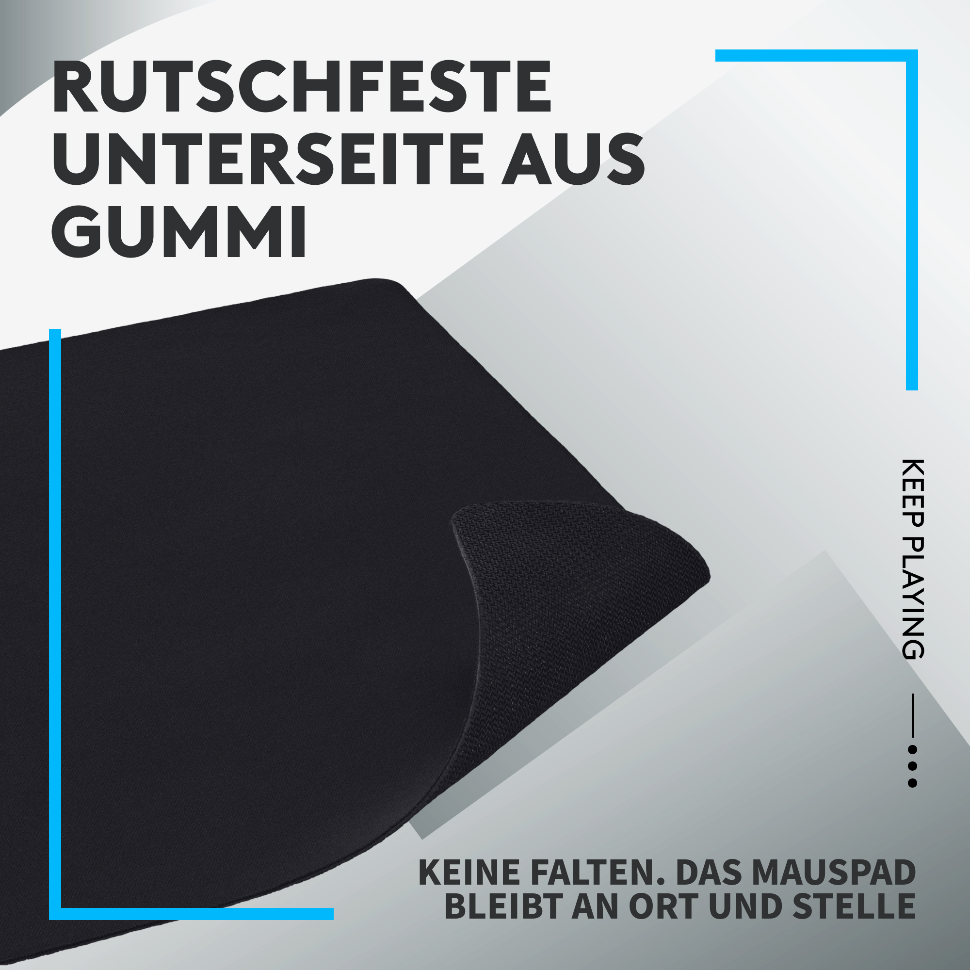 Schwarzes Mauspad mit Text 'Rutschfeste Unterseite aus Gummi' und 'Keine Falten'.