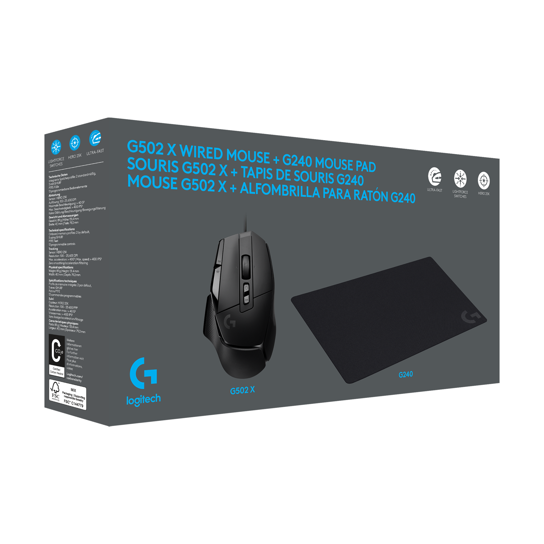 Schwarze Logitech G502 X kabelgebundene Maus und ein G240-Mauspad, in einer Box mit Produktdetails.