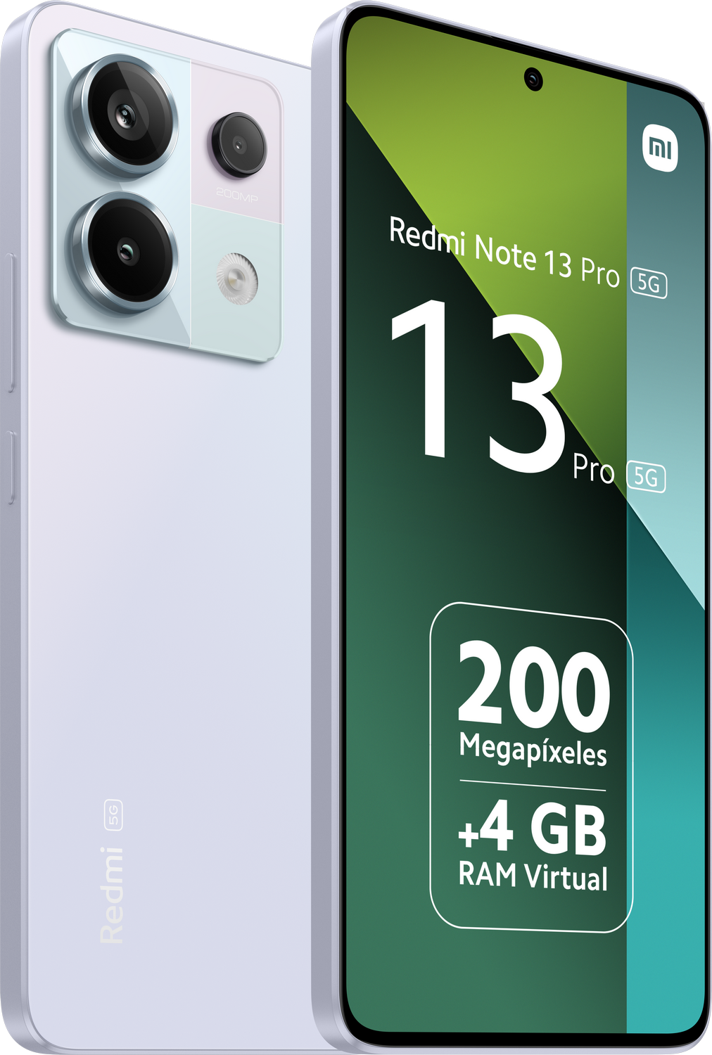 Se muestra un teléfono Redmi Note 13 Pro 5G blanco y azul claro.