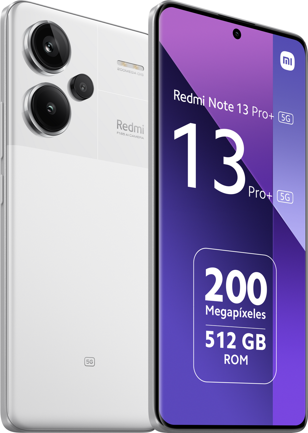 Teléfono blanco Redmi Note 13 Pro+ 5G, mostrando la parte trasera y delantera.