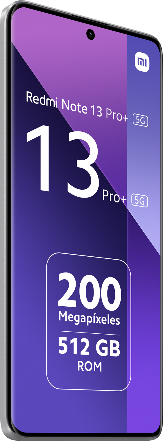 Smartphone: Redmi Note 13 Pro+, fondo degradado morado, 200MP, 512GB.