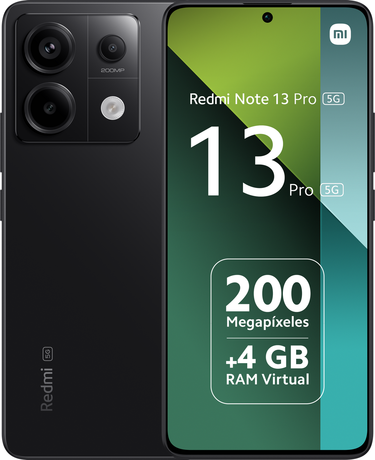 Teléfono Redmi Note 13 Pro 5G negro, vista trasera, cámaras duales, 200MP.
