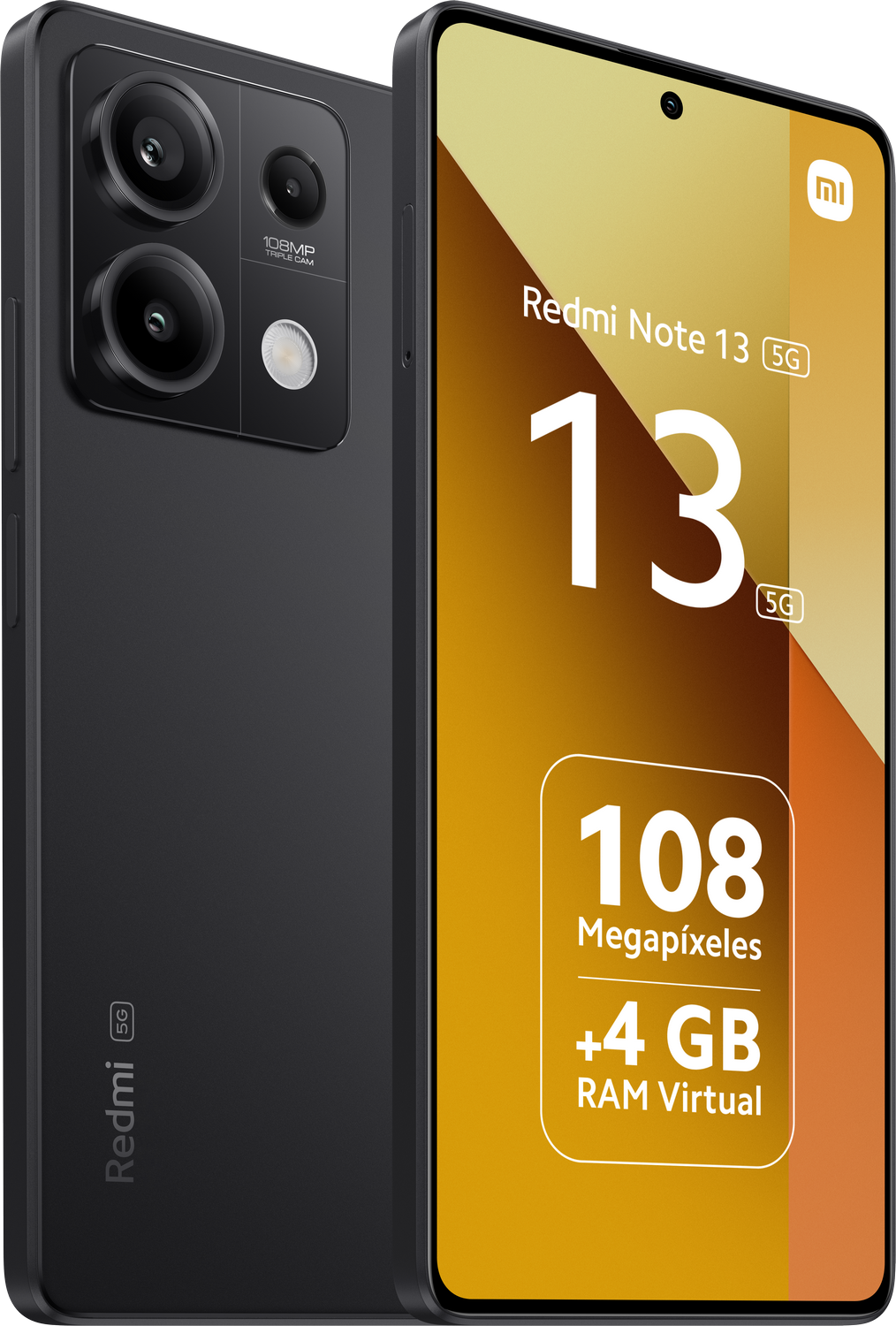 Smartphone negro, Redmi Note 13 5G, muestra detalles de cámara y pantalla. Características: cámara 108MP y 4GB RAM.