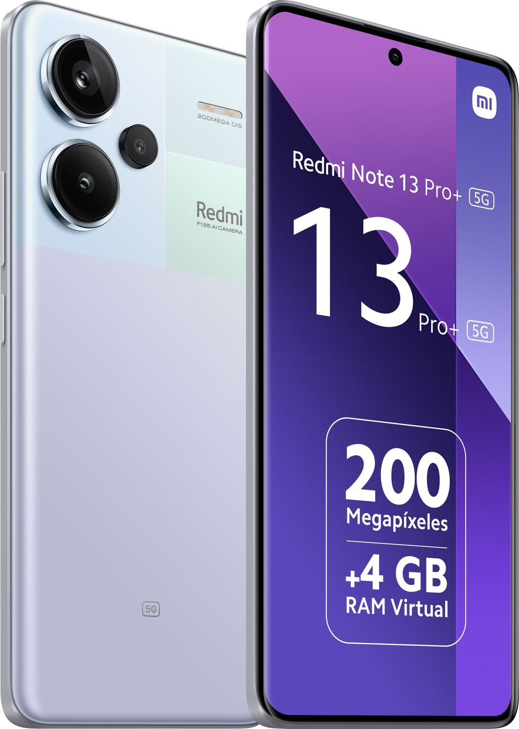 Un smartphone azul claro con tres cámaras traseras y una pantalla que muestra sus características.