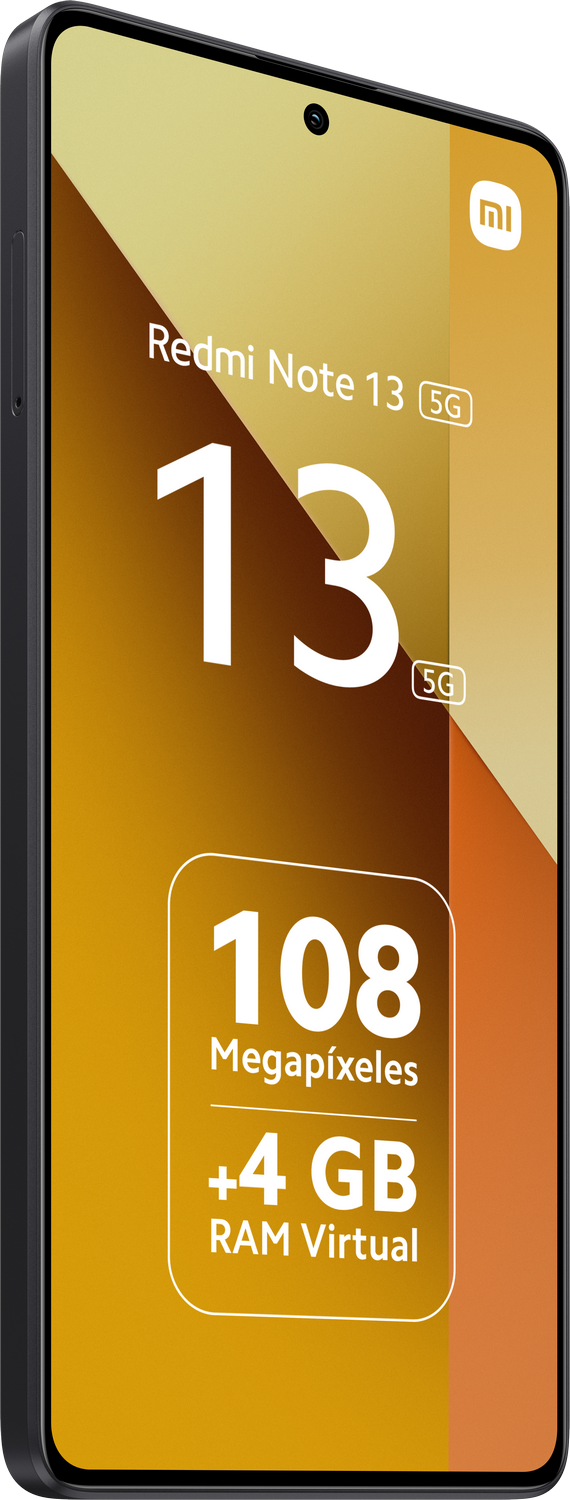 Smartphone Redmi Note 13 5G en negro, con fondo degradado dorado.