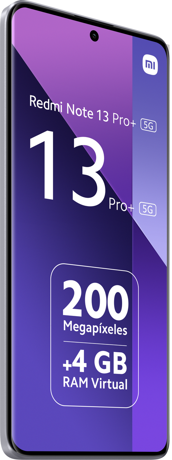 Teléfono Redmi Note 13 Pro+ 5G. Fondo degradado púrpura con texto resaltando las características.