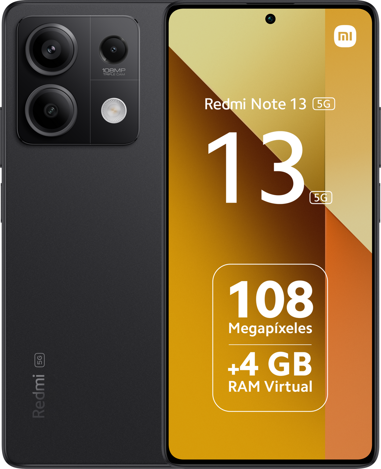 Smartphone Redmi Note 13 5G, negro, con detalles de la cámara y especificaciones.