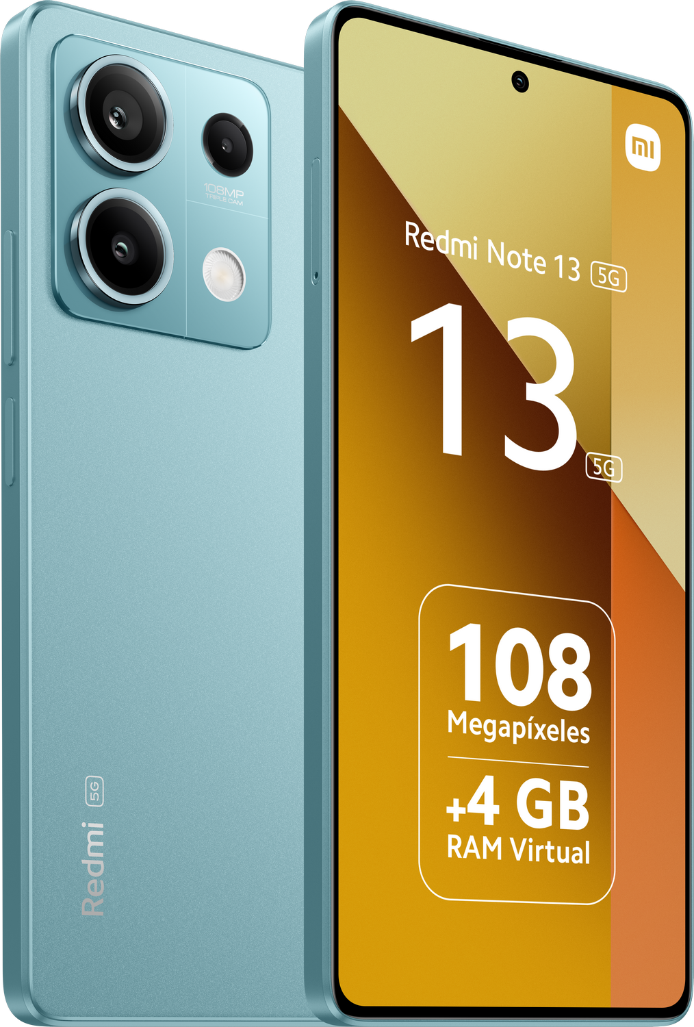 Un teléfono Redmi Note 13 5G turquesa, que muestra la parte trasera y lateral con lentes de cámara y funciones.