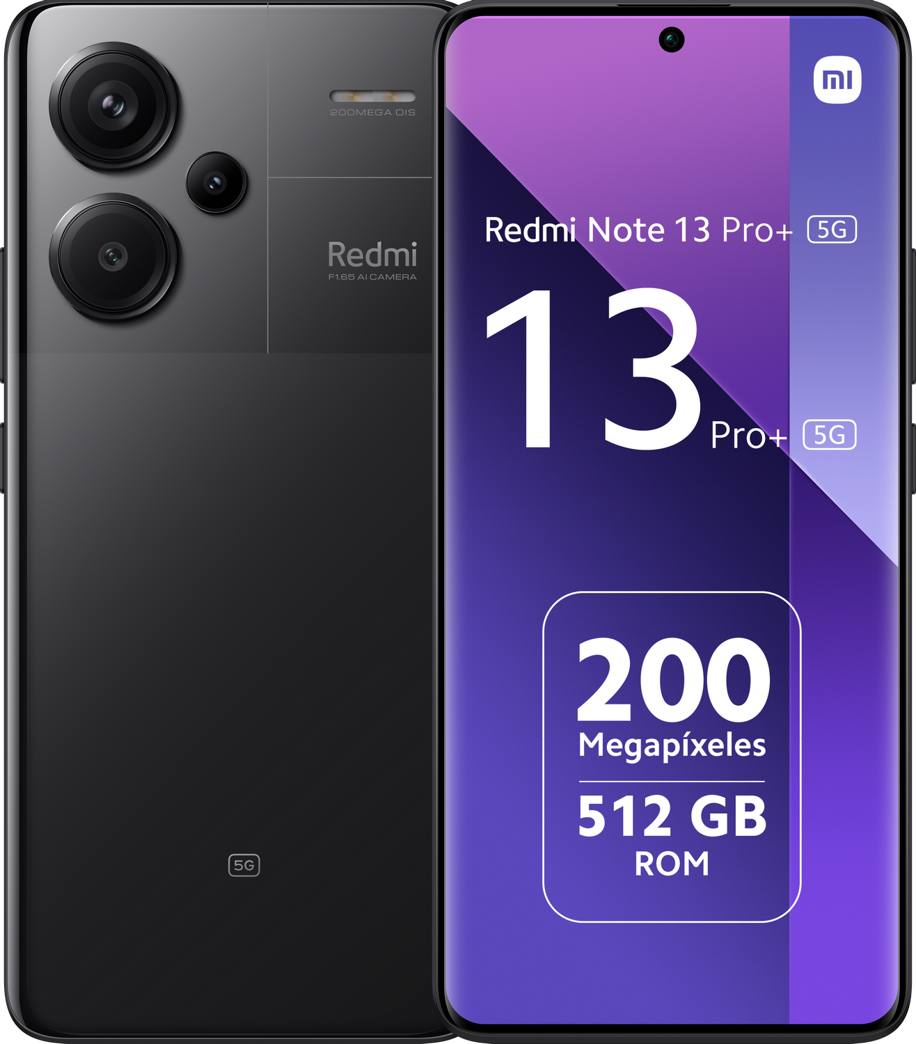 Smartphone negro con triple cámara. La pantalla muestra 'Redmi Note 13 Pro+' y especificaciones.