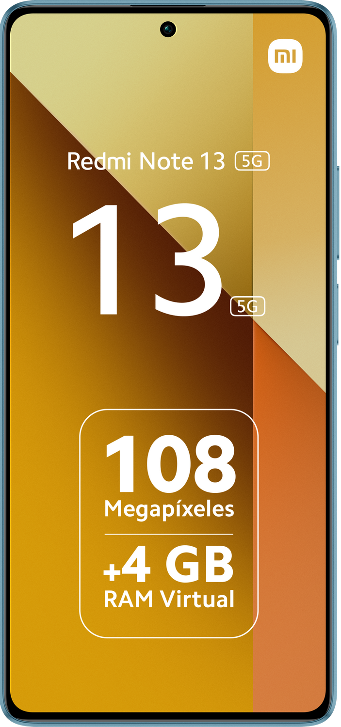 Teléfono Redmi Note 13 sobre fondo blanco. La pantalla muestra texto con las características del teléfono.