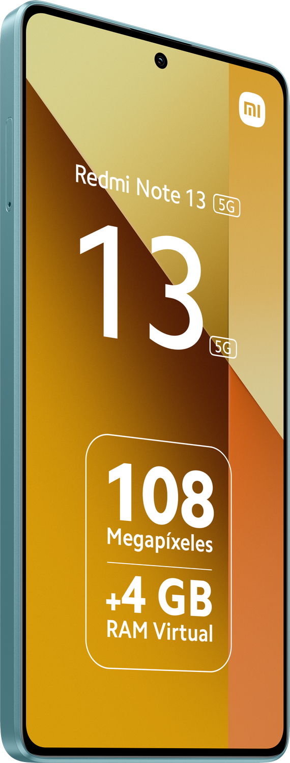 Smartphone verde menta que muestra texto y gráficos, incluyendo "108 Megapíxeles" y "+4 GB RAM Virtual".