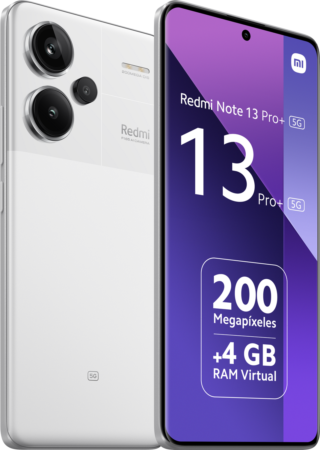 Teléfono blanco Redmi Note 13 Pro+ 5G, mostrando parte trasera con cámaras y pantalla.