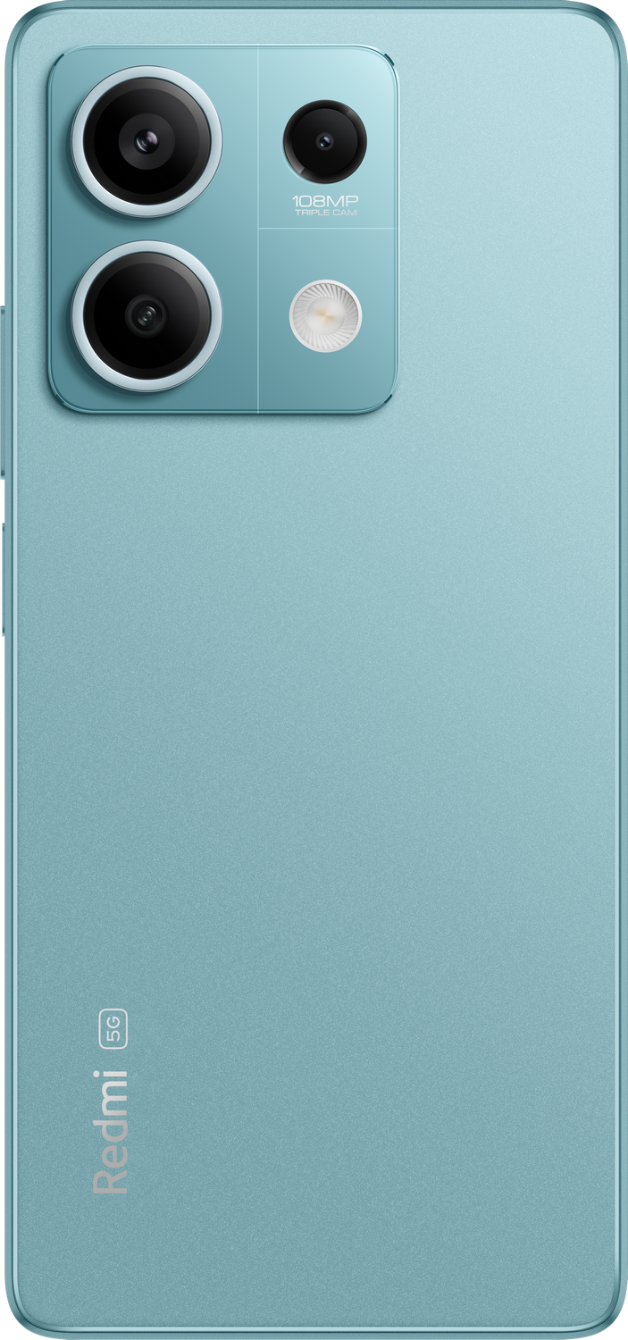 Smartphone turquesa con tres cámaras traseras y el logotipo Redmi 5G.