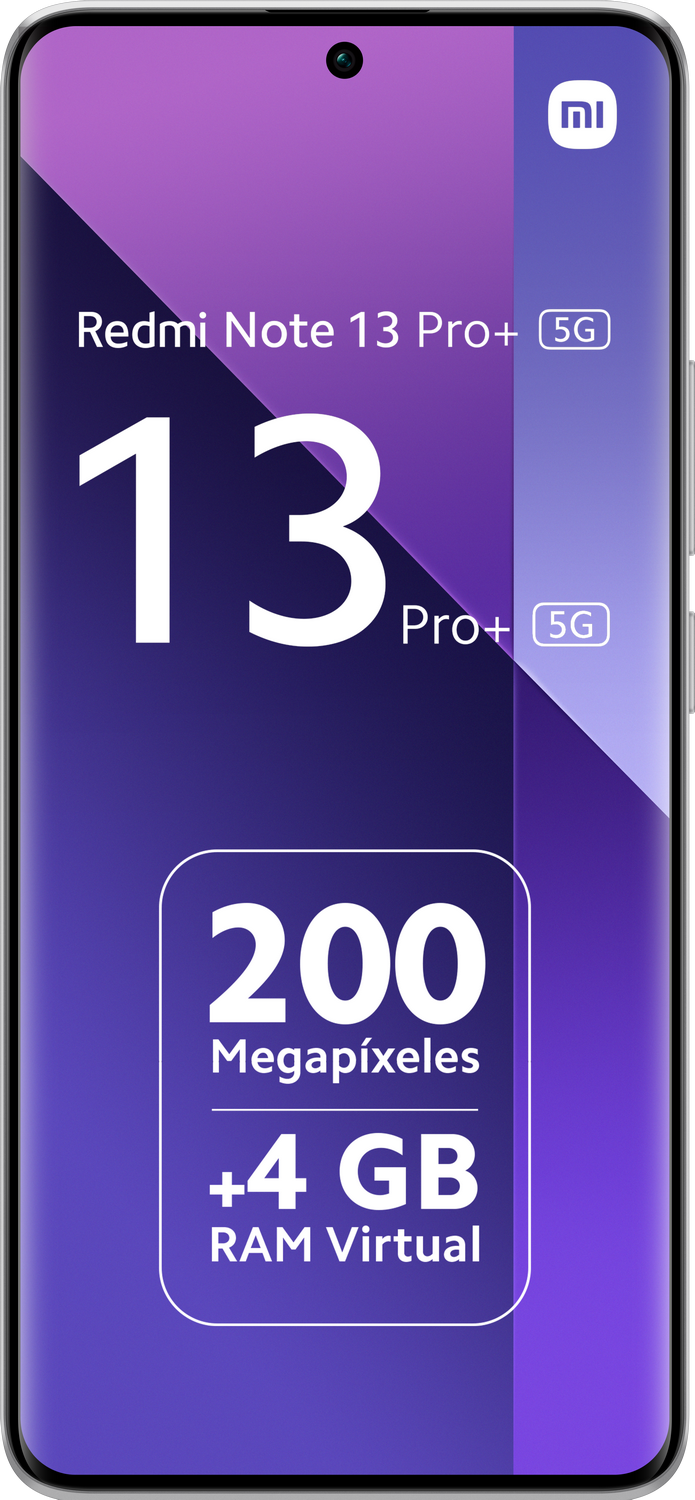 Teléfono morado con 'Redmi Note 13 Pro+'. Fondo degradado morado.