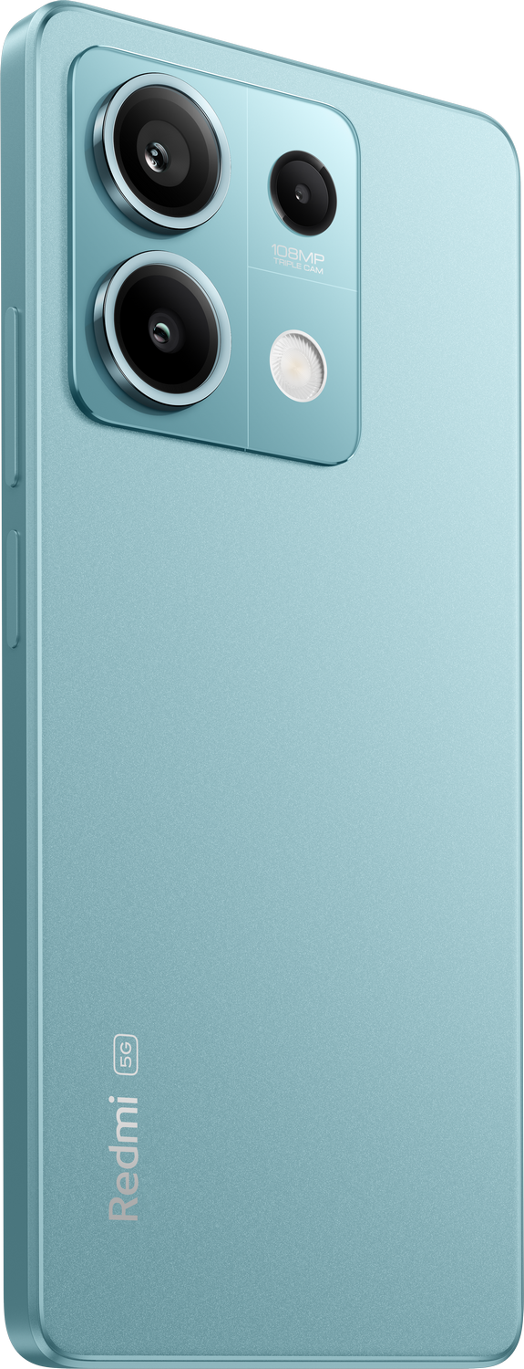 Teléfono turquesa con diseño curvo, configuración de triple cámara y logotipo Redmi.