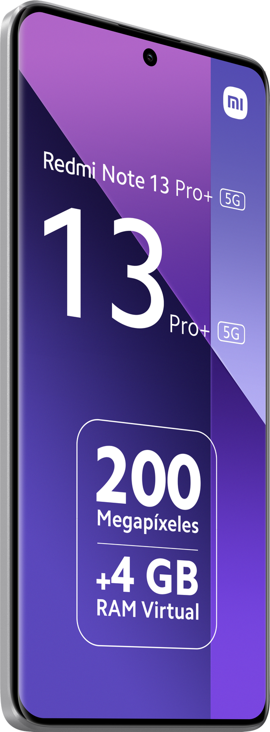 Un teléfono con una pantalla de gradiente púrpura muestra detalles del Redmi Note 13 Pro+ 5G.