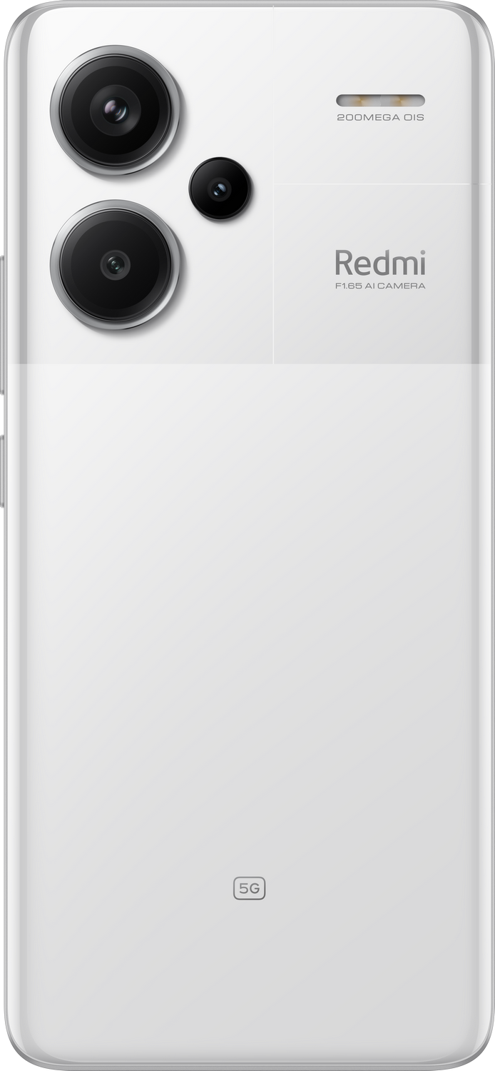 Smartphone blanco con tres cámaras traseras. La marca Redmi es visible en el teléfono.