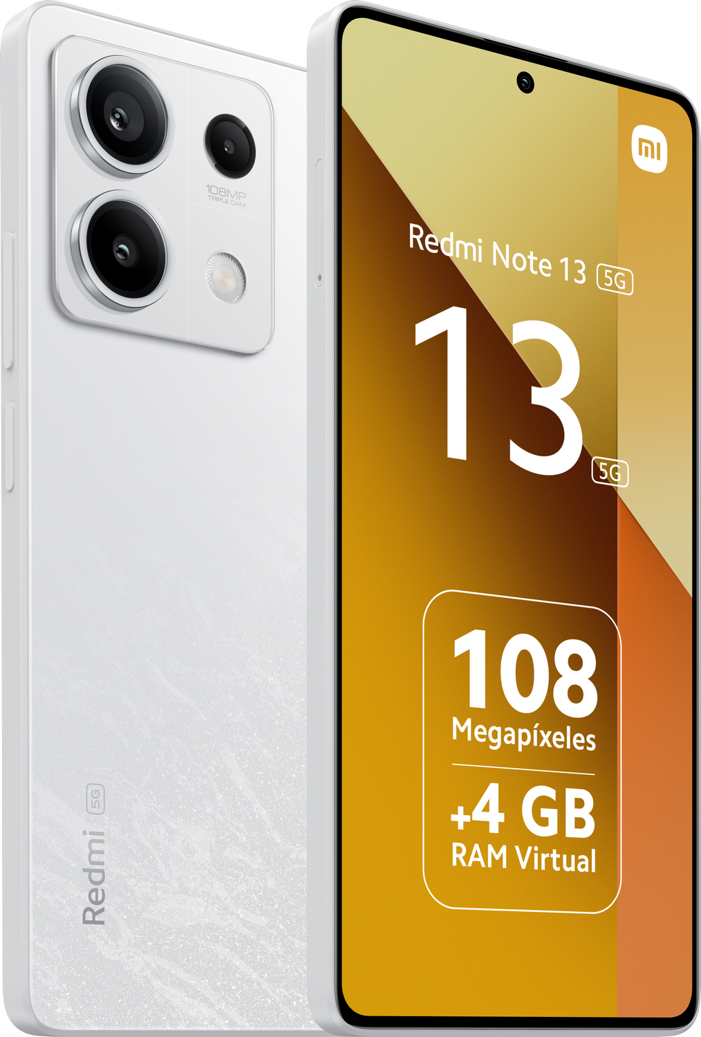 Teléfono blanco con triple cámara. Pantalla muestra 'Redmi Note 13'. Fondo blanco.
