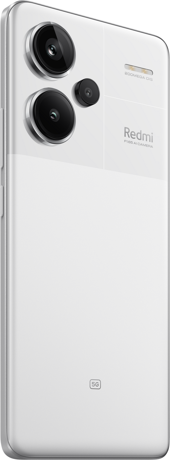 Un teléfono inteligente blanco con triple cámara, logotipo de Redmi e indicador 5G. La parte trasera es blanca con cámaras negras.