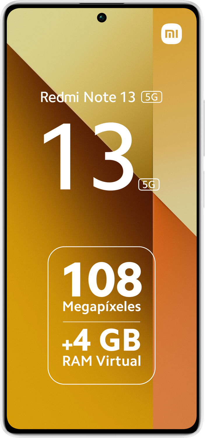 Un smartphone muestra: Redmi Note 13 5G. El teléfono es blanco con una protuberancia de cámara.