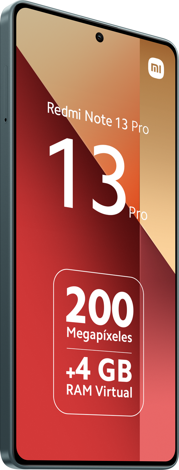 Teléfono Redmi Note 13 Pro, pantalla con texto y especificaciones. Marco turquesa.