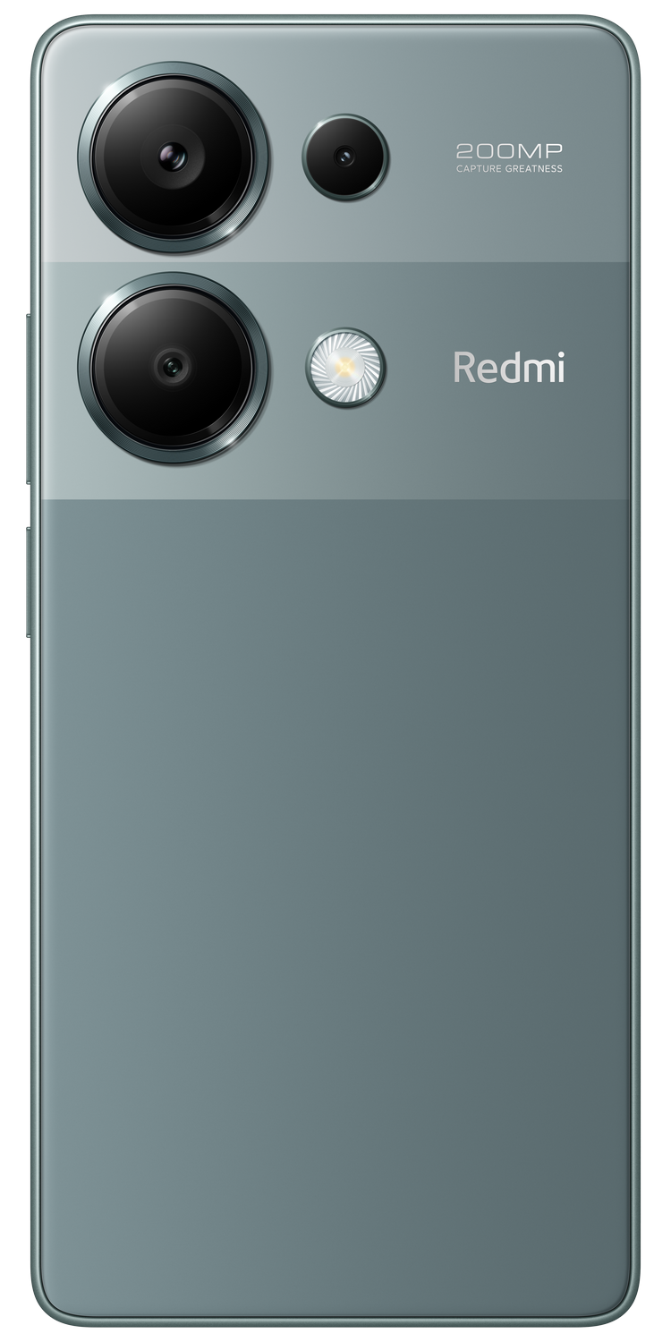 Vista trasera de un smartphone Redmi turquesa, con cámaras y el logo Redmi visibles.