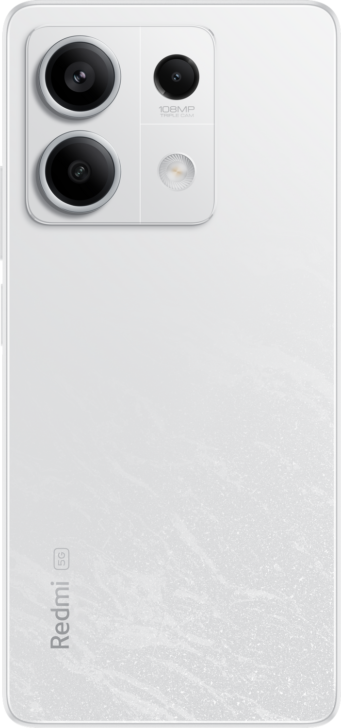 Parte trasera de un smartphone blanco con tres cámaras y una etiqueta de texto de 108MP.