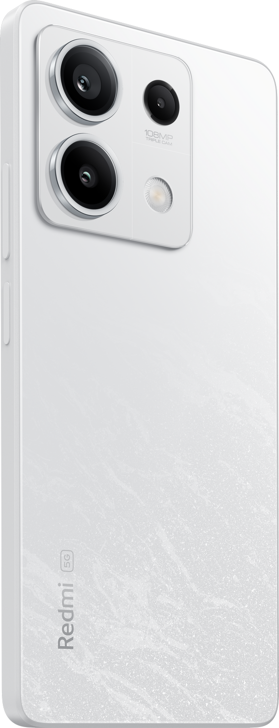 Smartphone blanco con múltiples lentes de cámara y logo Redmi en la parte trasera.