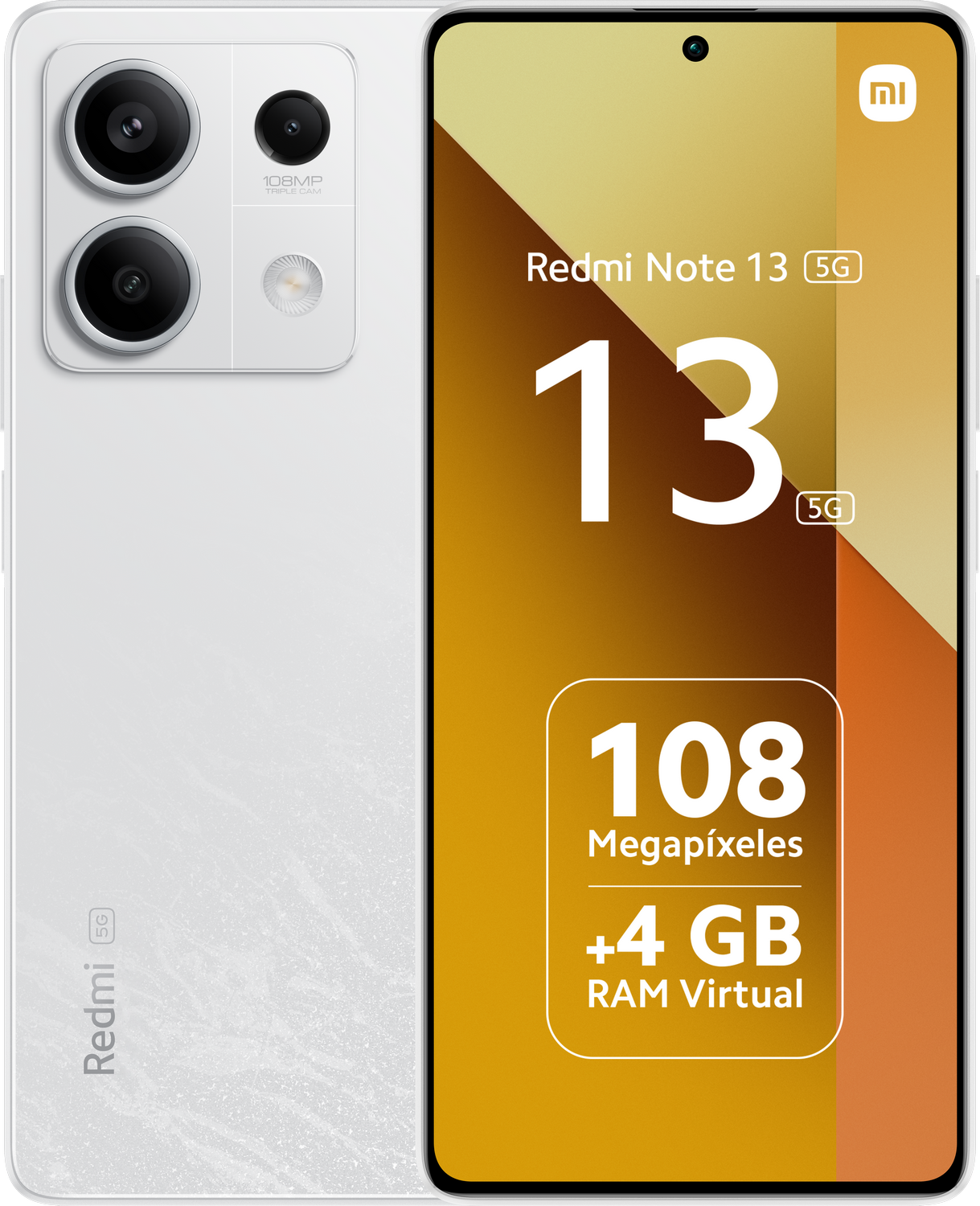 Smartphone blanco con tres cámaras traseras. Pantalla muestra detalles: Redmi Note 13, 108MP, 4GB RAM.