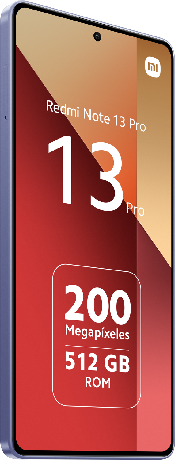Teléfono Redmi Note 13 Pro, azul, vista lateral con texto: 200 Megapíxeles, 512 GB ROM.