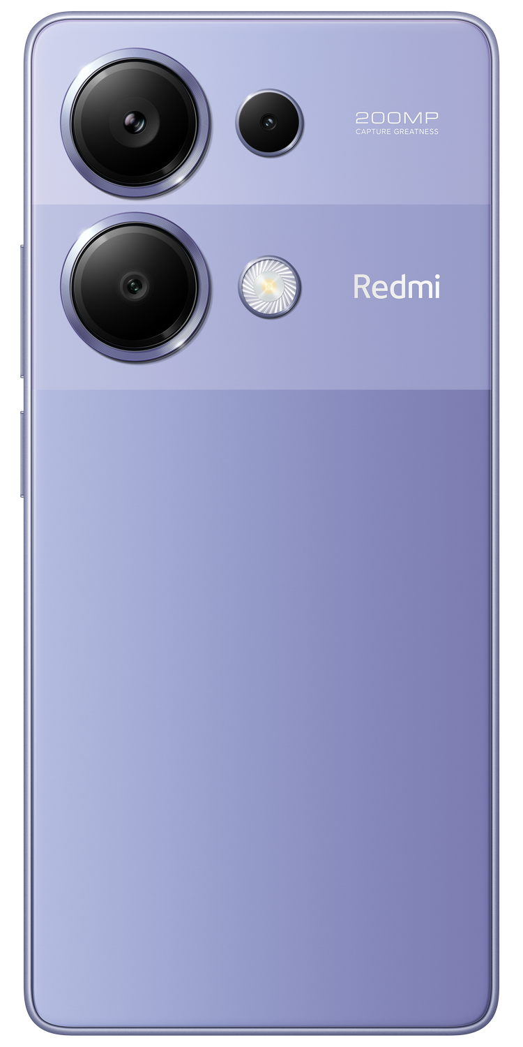 Un teléfono Redmi morado con tres lentes de cámara, un flash y el logotipo de Redmi.