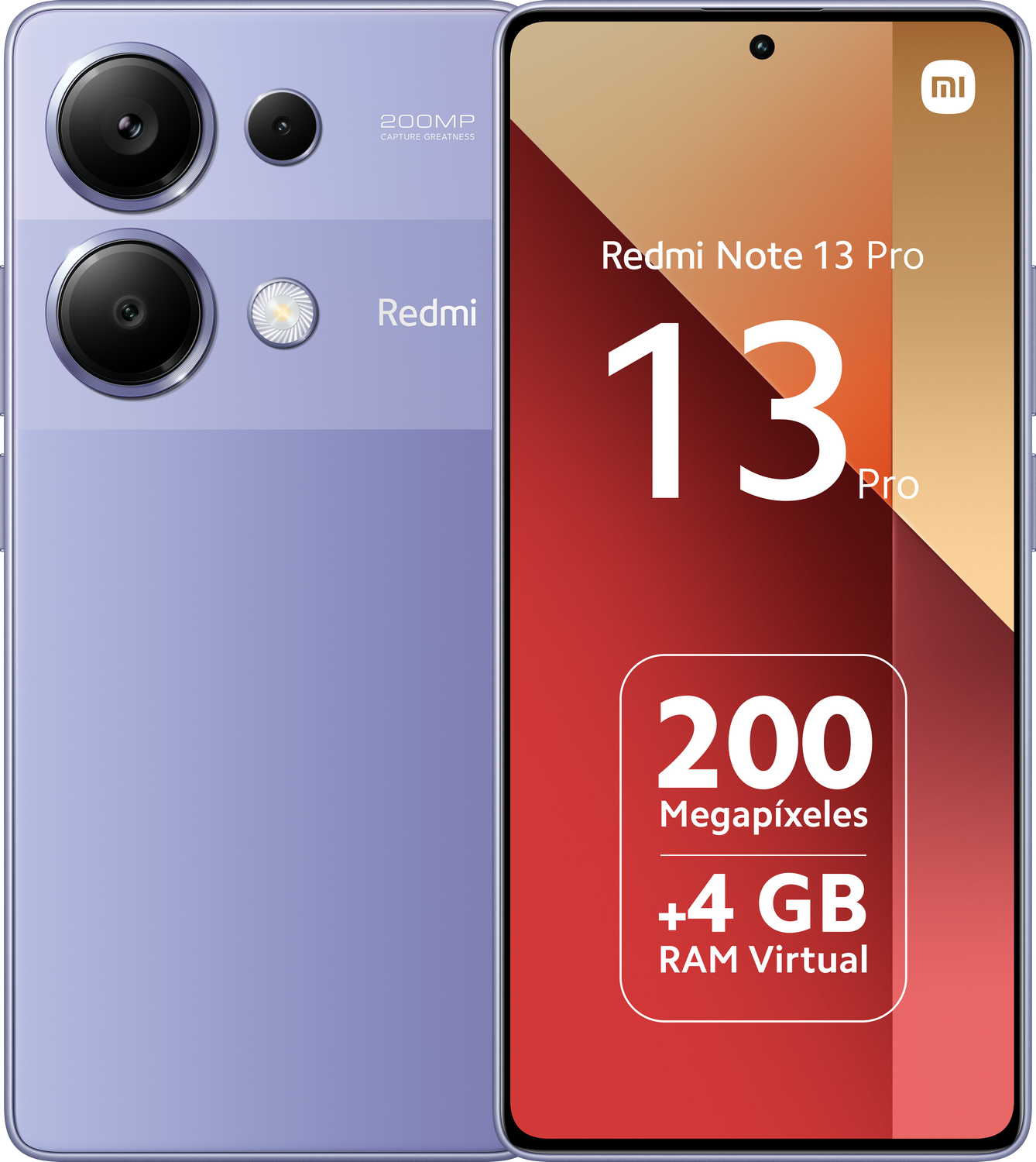 Un teléfono Redmi Note 13 Pro púrpura, con triple cámara, y la parte trasera del teléfono visible.