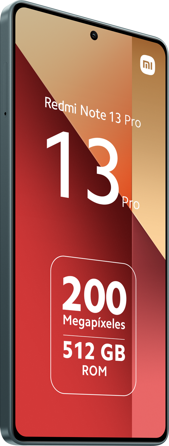 Smartphone Redmi Note 13 Pro con fondo rojo, especificaciones: 200MP, 512GB ROM. El teléfono es turquesa.