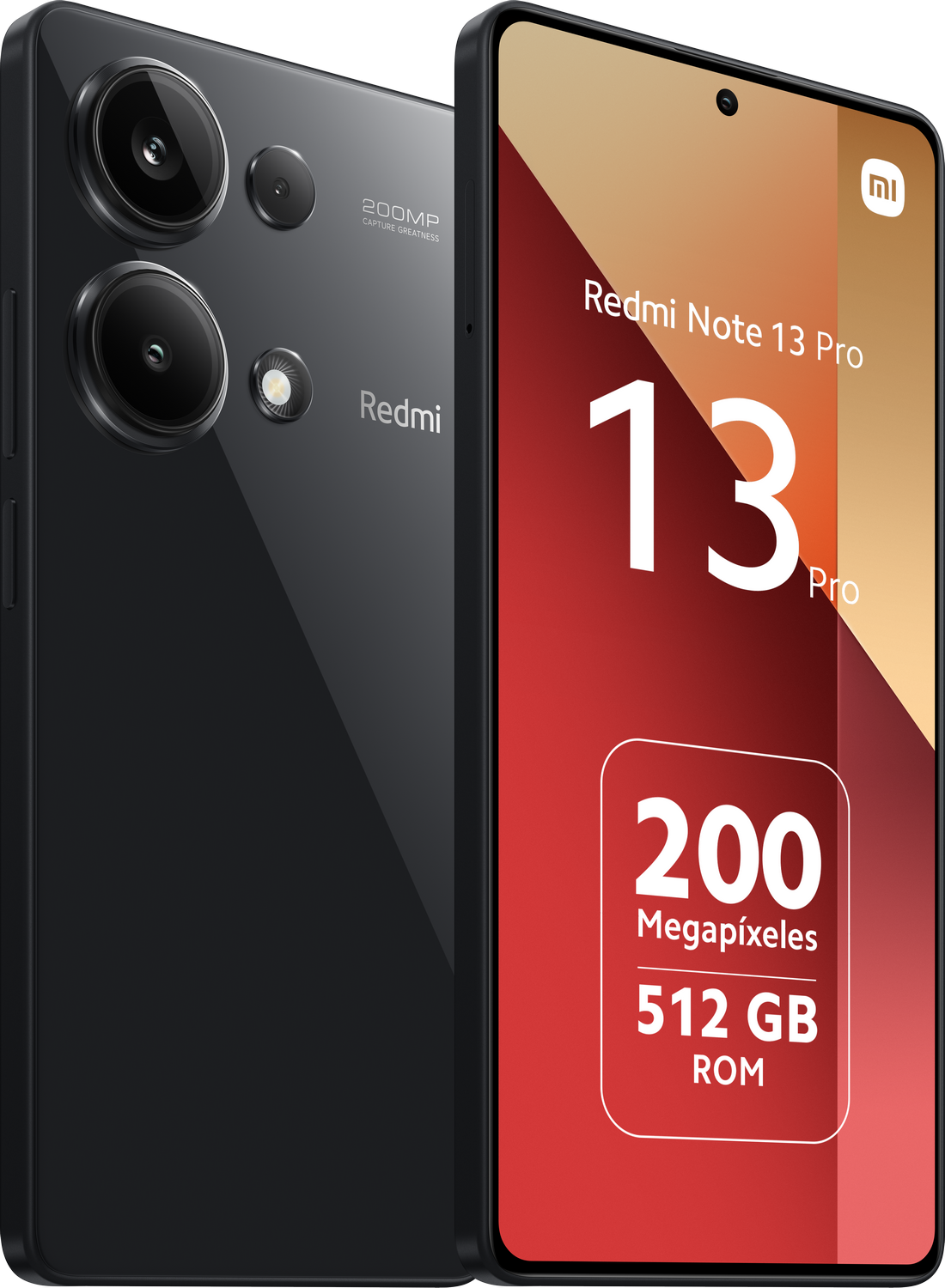 Smartphone negro, Redmi Note 13 Pro, con detalles de la cámara trasera. Cámara de 200MP y 512GB ROM.