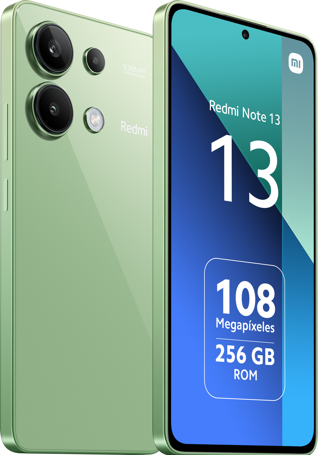 Teléfono verde Redmi Note 13, vista trasera con cámaras, vista frontal mostrando pantalla con datos.