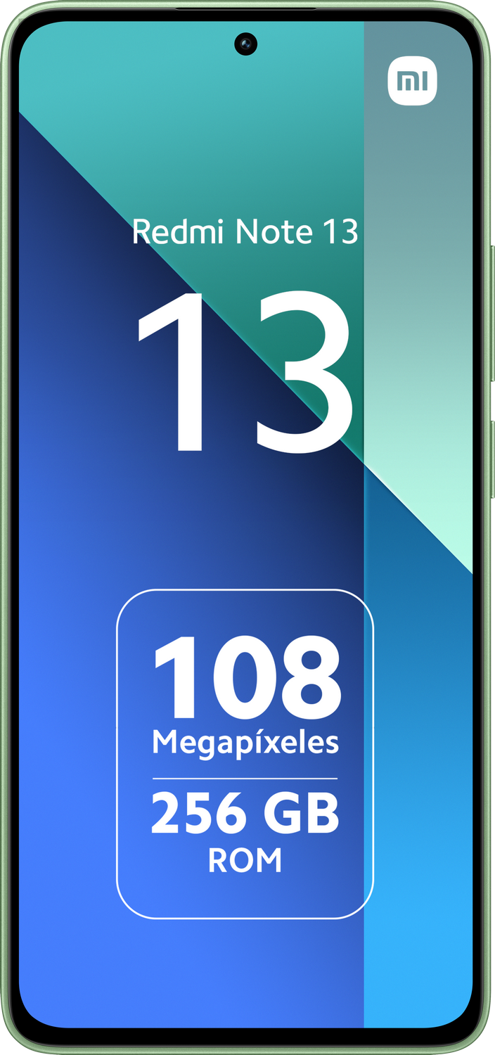 Teléfono Redmi Note 13. Marco verde, con pantalla azul y blanca mostrando texto.