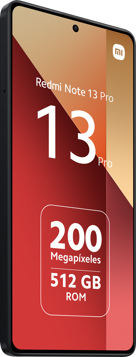 Un smartphone negro con una pancarta roja que muestra sus características.